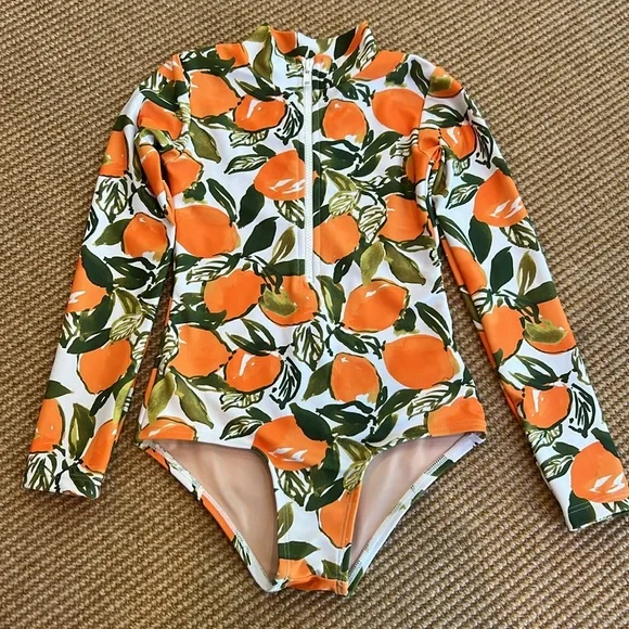 Mott50 One Piece Orange Print Swimsuit w/ Long Sleeves & UPF 50+